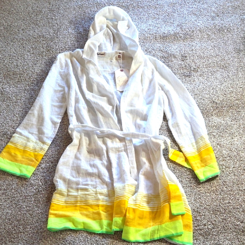 Lemlem Hooded Coverup with Yellow and Green Stripes
